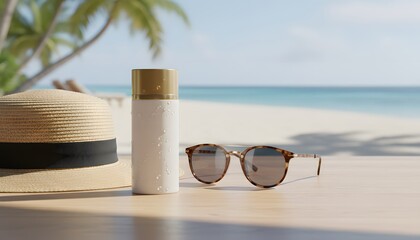 Obraz premium Premium sunscreen bottle with water droplets next to a straw hat and sunglasses on wooden table for tropical beach safety and sun protection concept during summer vacation