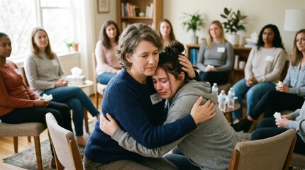 Fototapeta premium An older woman embraces a younger woman who is crying.
