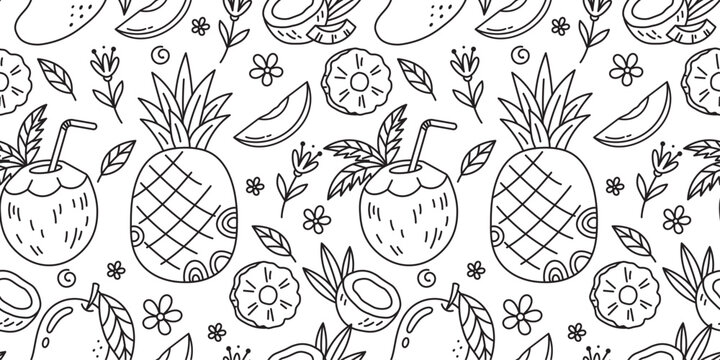 Tropical Summer Fruit Seamless Pattern with Pineapple and Coconut Doodles