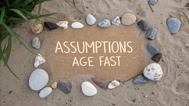 Thought-provoking message about life assumptions surrounded by pebbles on sandy beach, emphasizing the passage of time