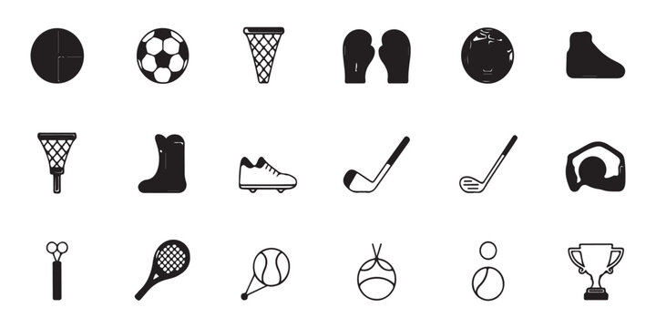 Set of minimalist sports equipment icons including soccer ball basketball net boxing gloves bowling ball athletic shoes golf club tennis racquet cup.