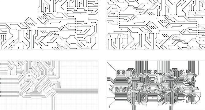 Collection of 4 Technology Circuit Board. Vector Technology Motif with Soldered Connections. Circuit Diagram Style Tech Wallpaper