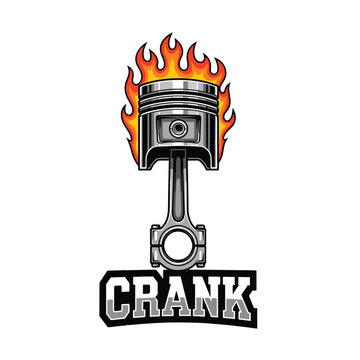 Automotive engine piston emblem with fire flames and text design.