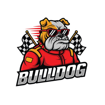 Bulldog Mascot Character Wearing Racing Gear with Checkered Flags.