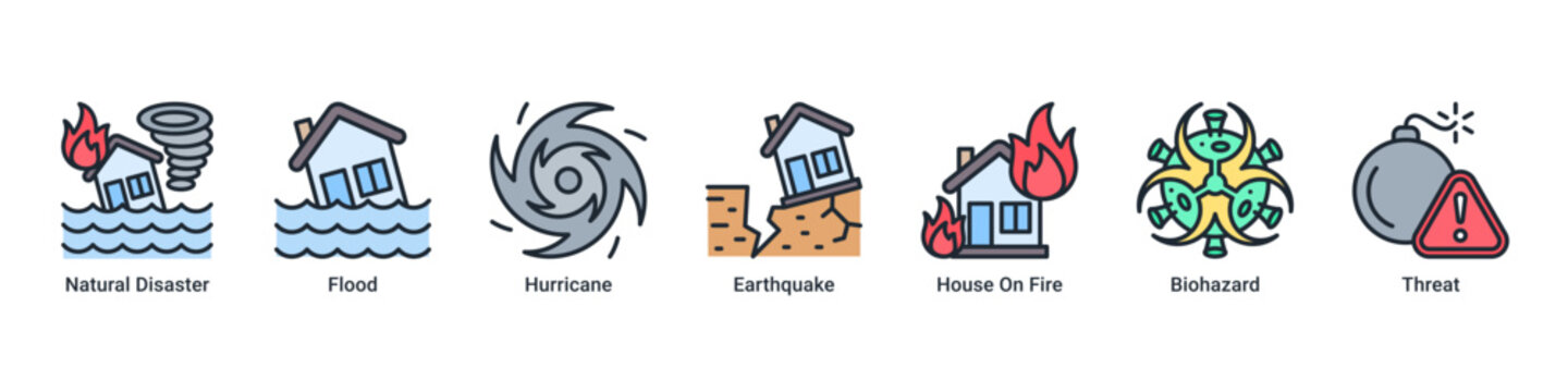 Disaster Impact web banner icon vector illustration with icons of Natural Disaster, Flood, Hurricane, Earthquake, House On Fire, Biohazard and Threat