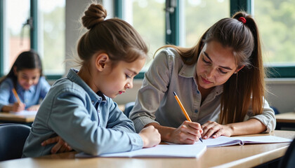 Fototapeta premium Teacher helping schoolgirl writing in notebook in classroom