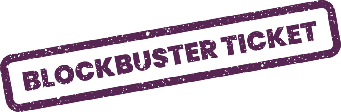 Distressed purple rubber stamp marking a popular event or product entry as a blockbuster ticket item