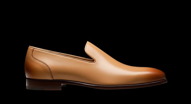 Isolated, elegant leather loafer shoe in shades of tan and brown, against a black background