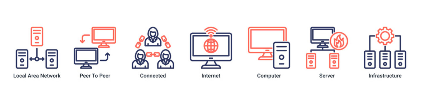 Network System web banner icon vector illustration with icons of Local Area Network, Peer To Peer, Connected, Internet, Computer, Server and Infrastructure