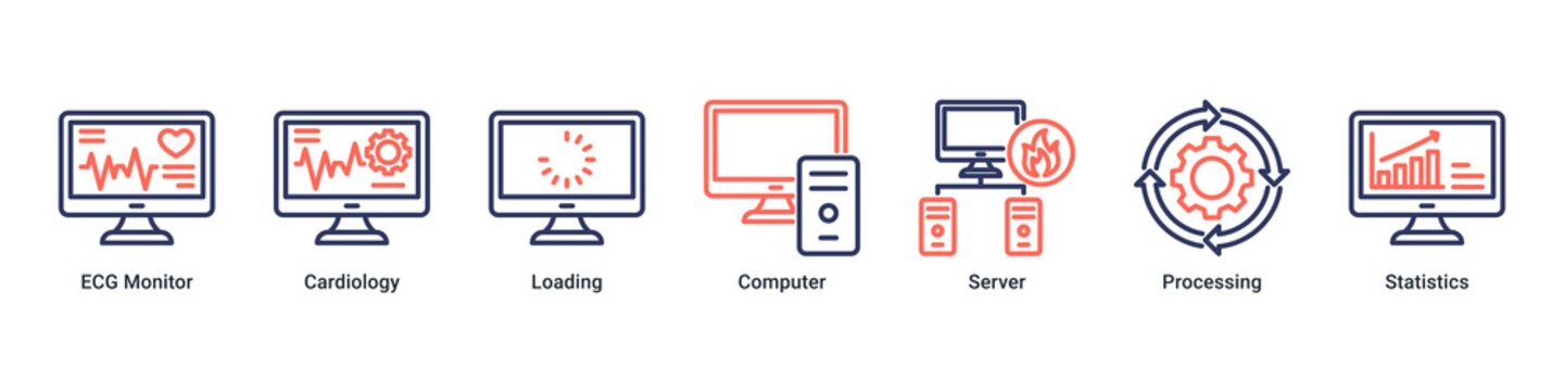System Monitoring web banner icon vector illustration with icons of ECG Monitor, Cardiology, Loading, Computer, Server, Processing and Statistics