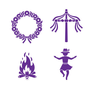 Purple silhouettes of festive Maypole dancing girl campfire and flower wreath on white background