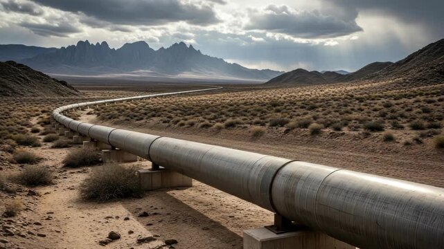 Winding Industrial Pipeline Transports Resources Across Desolate Desert Landscape Mountains Dramatic Sky Create Background For Energy Industry Transportation Environmental Themes