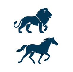 Fototapeta premium silhouette of lion and horse running side by side on white background