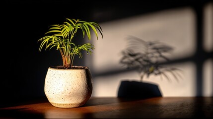 Obraz premium Small potted plant with bright leaves illuminated by sunlight and shadow
