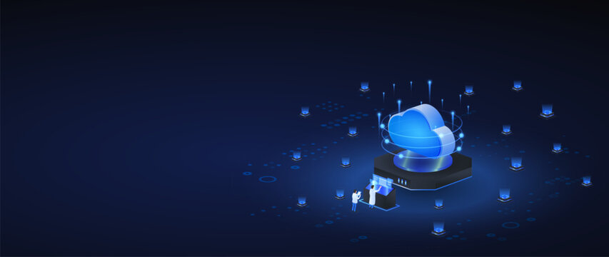 Cloud computing isometric vector illustration. Cloud Computing Technology Concept with Digital Data Storage and engineering, concept web banner.