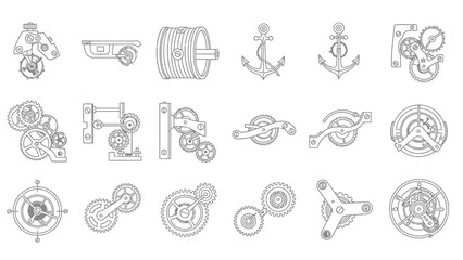 Obraz premium Set of vintage clock mechanism parts with gears and anchors in line art style.