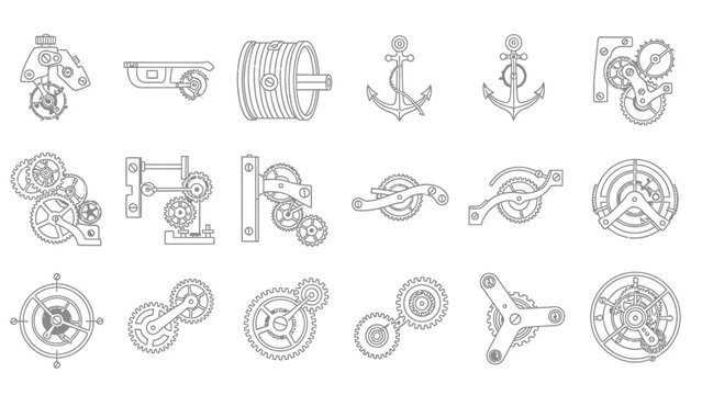 Set of vintage clock mechanism parts with gears and anchors in line art style.