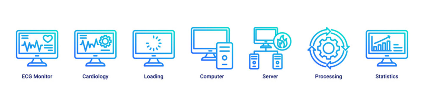 System Monitoring web banner icon vector illustration with icons of ECG Monitor, Cardiology, Loading, Computer, Server, Processing and Statistics