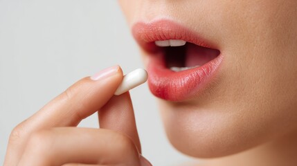 Naklejka premium Close up woman taking capsule supplement daily routine