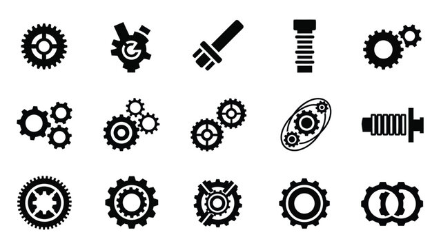 Mechanical hardware components and interlocking gear shapes set in black silhouette.