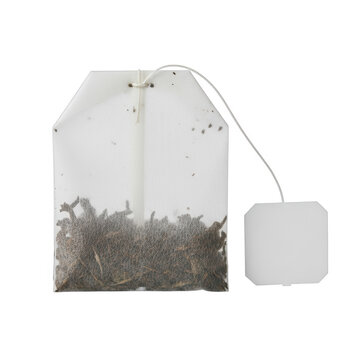 A white tea bag with a string and dried tea leaves isolated on transparent background