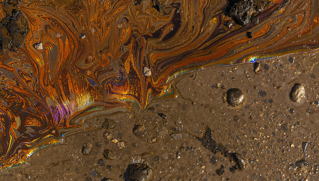 虹色の油膜が水辺に広がる水質汚染の現場を記録した環境写真