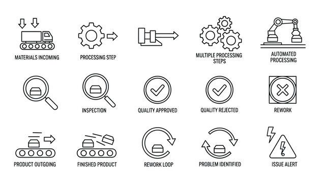 Industrial process workflow icons for manufacturing quality control and production.