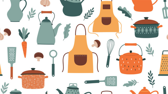 Charming seamless pattern showing kitchen items like aprons, kettles, pots, and various cooking utensils alongside fresh vegetables and herbs.