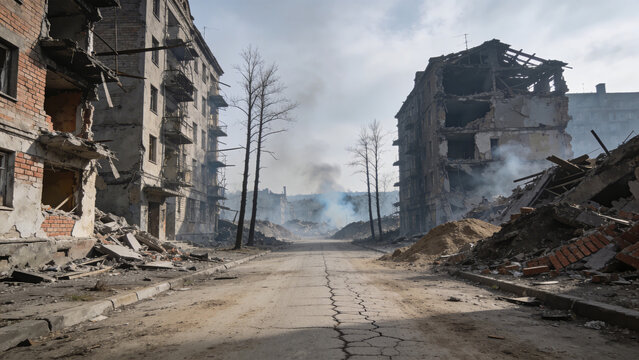 戦後の廃墟となった町並みと煙る道路を捉えた記録風景写真