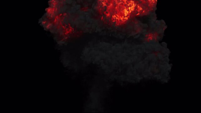 Compact Ground Fire Explosion with Rounded Flame Dome on Black Background, Dense Blast Effect for Cinematic VFX Compositing