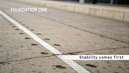 Fototapeta premium Foundation Line on Concrete Surface with Footprints and Phrase Stability Comes First in Modern Urban Setting