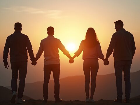 A moment of unity among four individuals standing atop a hill during sunset. They are silhouetted against the backdrop of the fading light and appear to be holding hands in a supportive gesture