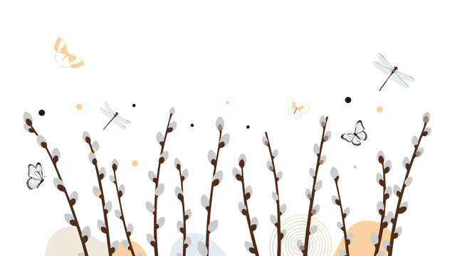Springtime illustration displays budding pussy willow branches surrounded by graceful butterflies and dragonflies in a serene natural setting.