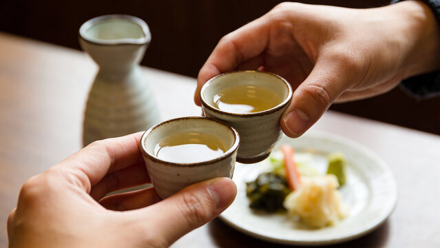 食事の席で日本人が盃を合わせる晩酌の飲み物写真
