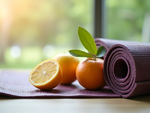 A tranquil yoga setting with a focus on mindfulness and health. A mat is displayed prominently, alongside a rolled up purple towel, indicating a space for physical activity such as yoga or Pilates