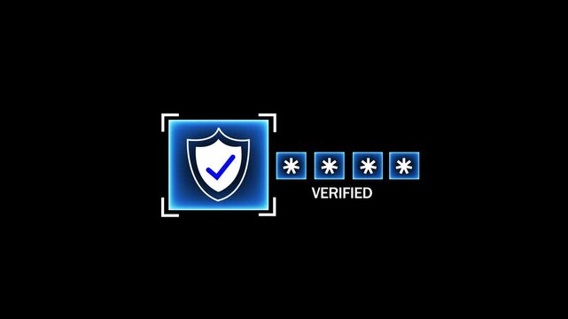 Digital security verification interface featuring glowing shield with checkmark and password asterisks for cyber security authentication and data protection systems on a clean black background