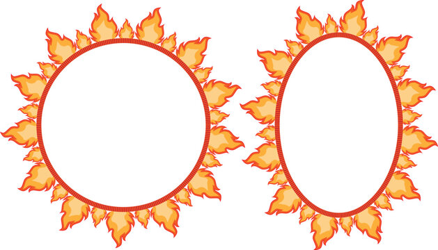 Set of two flaming circle and oval frames with fire sunburst borders