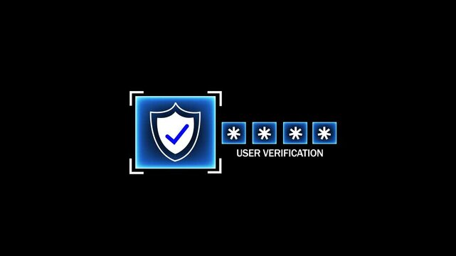 Digital user verification interface featuring a glowing security shield and password asterisk input fields for secure online authentication, cyber security, and data protection system concepts