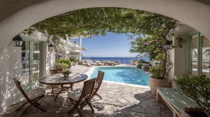Fototapeta premium Seaside leisure scene with swimming pool viewed through an archway under sunlight