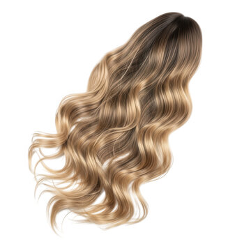 A long wavy blonde hair extension with dark roots isolated on transparent background