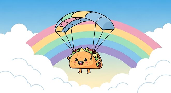 A cute cartoon taco smiles as it parachutes through a sky adorned with clouds and a rainbow