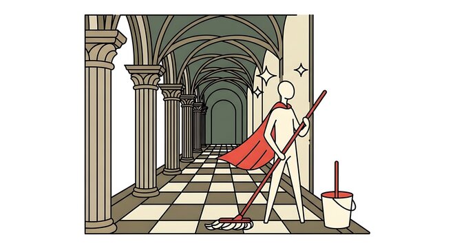 Illustration depicts a figure in a red cape mopping a grand hall with arched ceilings and checkered flooring, creating sparkling clean space