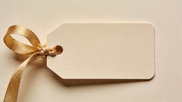  features a rectangular, beige-colored tag with a smooth, matte finish. The tag has a single, rounded corner and a small hole near the top left corner, through which a golden, textured ribbon is loope