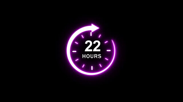 Neon glowing 22 hours countdown timer animation with circular progress arrow for business deadlines, e-commerce flash sales, limited time offers, and dynamic digital marketing presentations