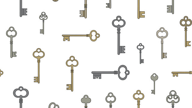 Vintage skeleton keys pattern showcasing various antique designs in metallic gold, silver, and bronze tones on a white background.