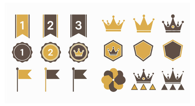 A set of eighteen vector icons featuring ribbons with numbers one two and three alongside various crowns and shields in a gold and brown color palette.