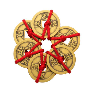 A bunch of chinese coins tied together with red string isolated on transparent background