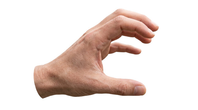 Close-up of a Caucasian male hand reaching out with fingers curved, isolated on a white background, suggesting grasping or catching something