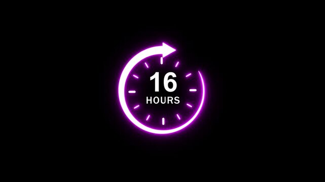 Neon glowing 16 hours countdown timer animation with circular progress arrow for time management, business deadlines, marketing promotions, and digital clock ui on a clean black background