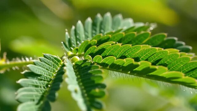 Close Up Macro of Mimosa Pudica Sensitive Plant Leaves in Sunlight